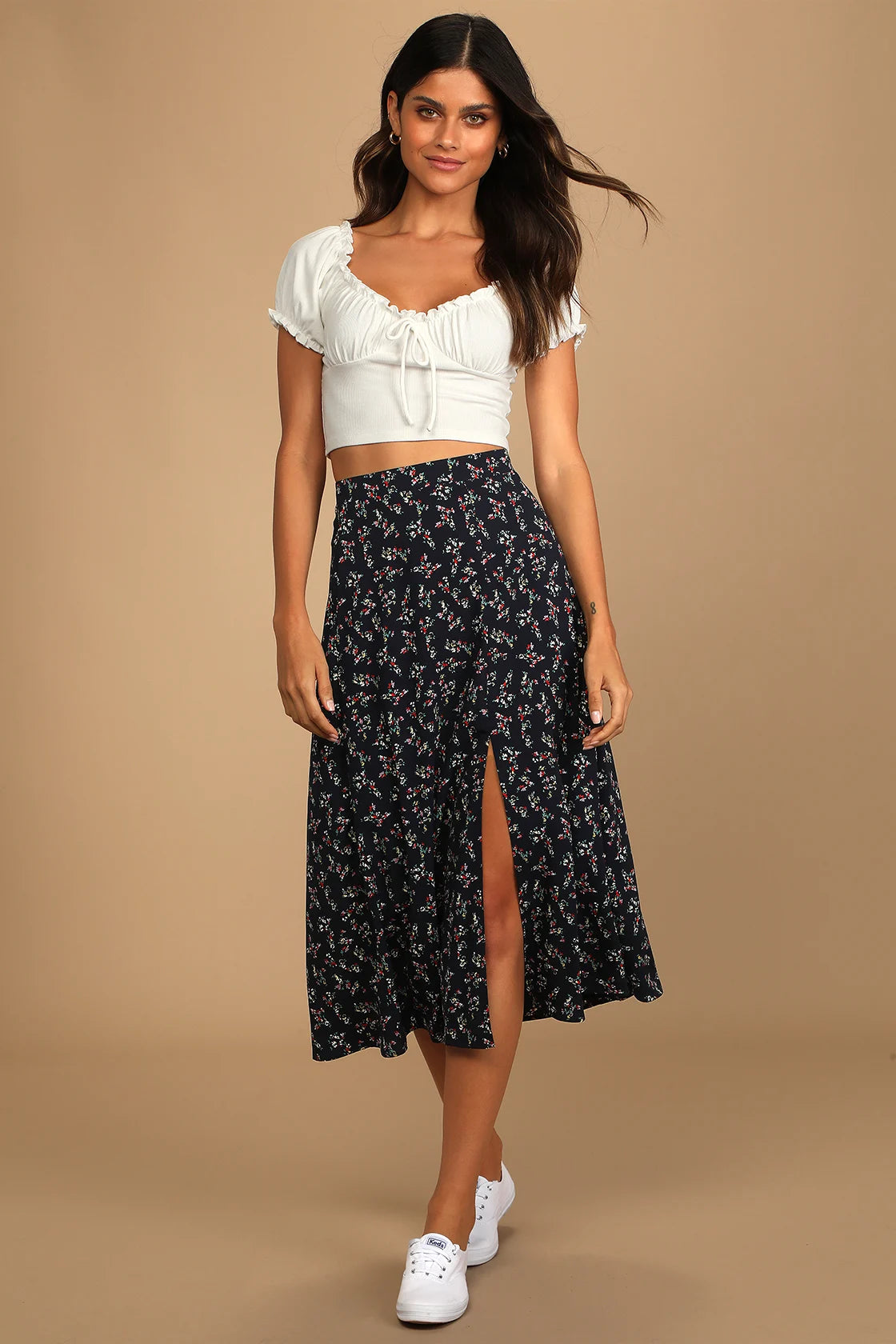 Navy Blue Floral Print Skirt