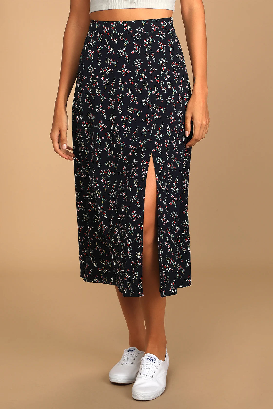 Navy Blue Floral Print Skirt