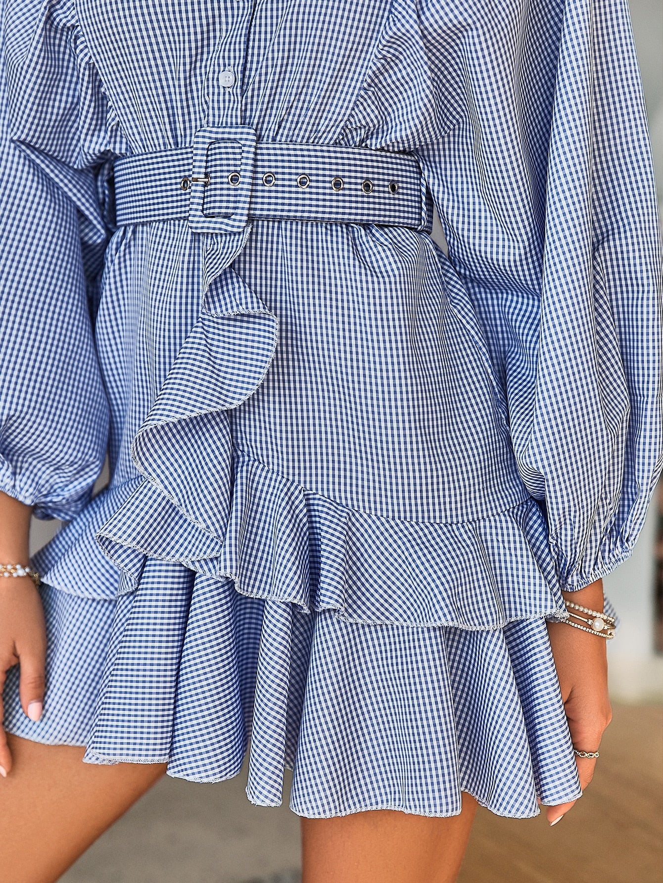 Belt blue plaid batwing dress