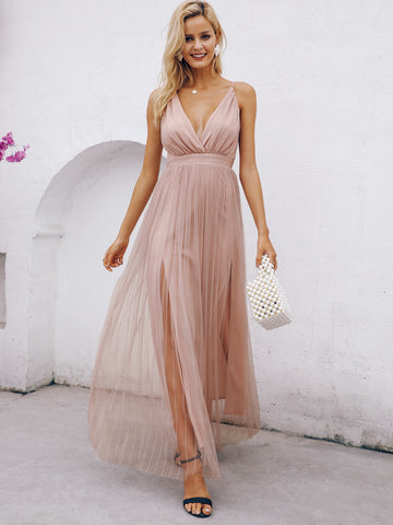 Mesh backless pink long dress