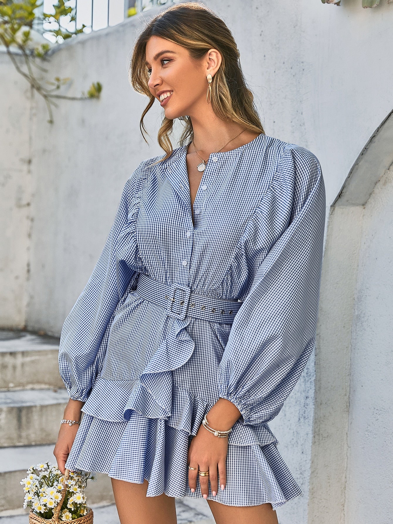 Belt blue plaid batwing dress