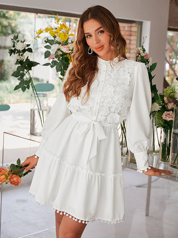 Puff sleeve button belt dress