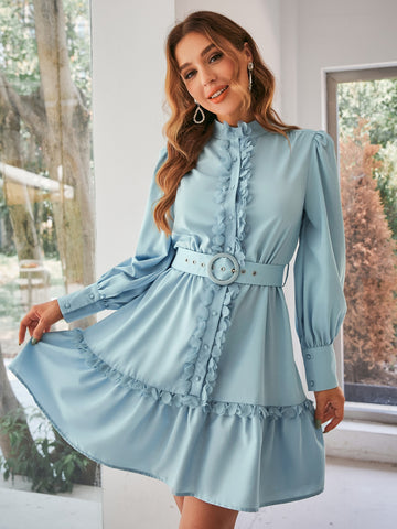 Ruffle belt blue elegant dress